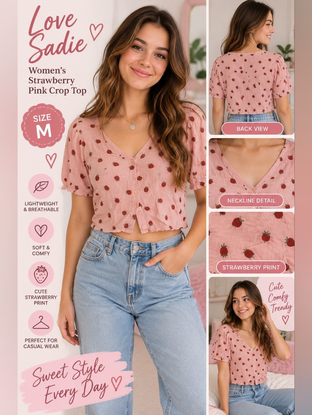Love Sadie women's medium strawberry pink crop top #07